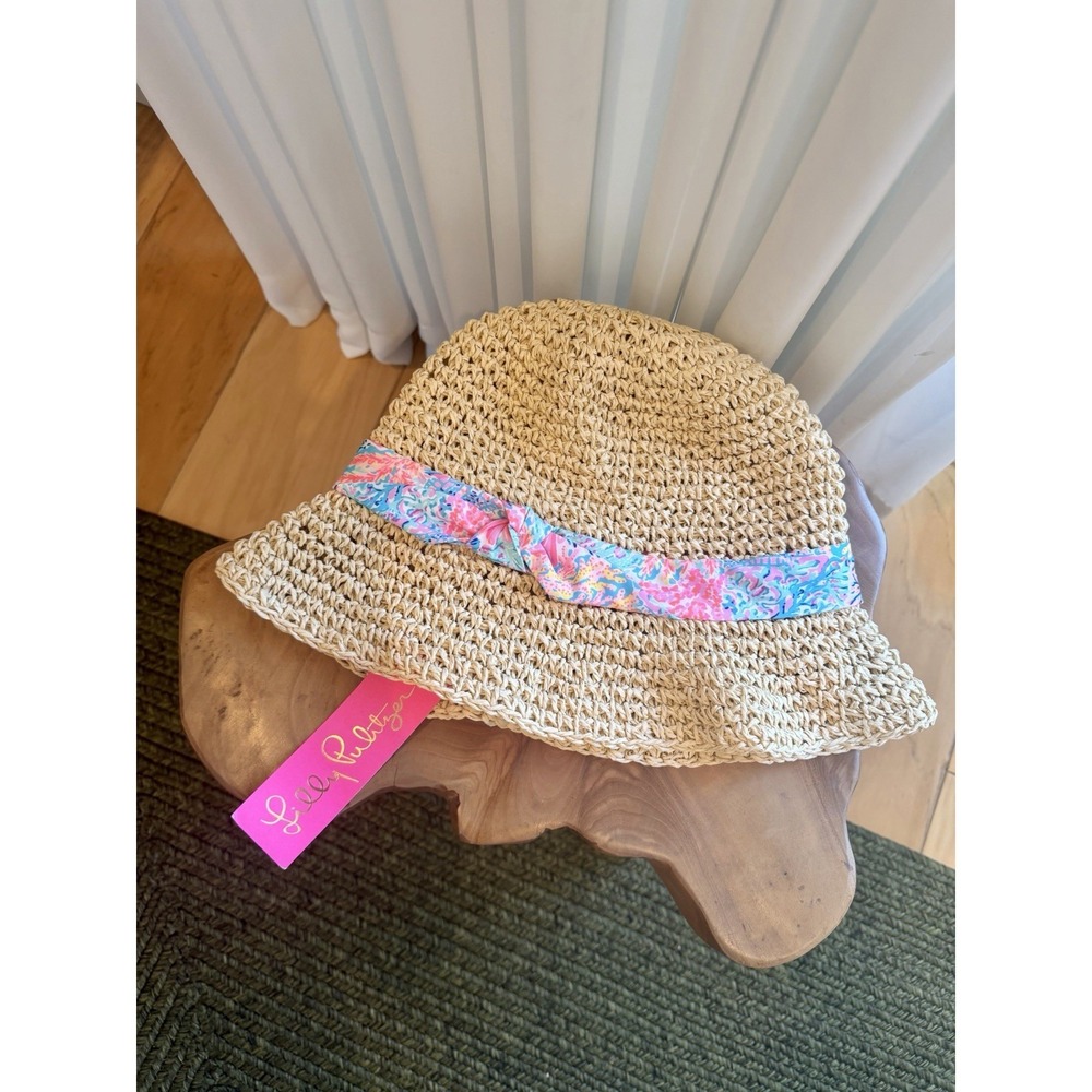 Lilly Pulitzer Raffia Bucket Hat NWT Tropical Ribbon Resort Vacation Beach Straw